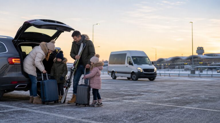 Familie cu copii, bagaje și schiuri într-o parcare de lângă Aeroportul Otopeni